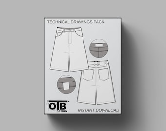 Baggy Jean Shorts Vector Flat Technical Drawing Illustration Five Pocket Classic Blank Streetwear Mock-up Template Tech Pack CAD Denim Loose