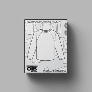 May include: Technical drawings pack for a long-sleeved shirt with a crew neck and raglan sleeves. The pack includes multiple views of the shirt, including front, back, and side views. The text "OTB DESIGN" and "INSTANT DOWNLOAD" is included on the image.
