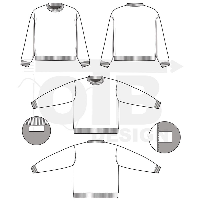Suéter de cuello alto de gran tamaño, ilustración de dibujo técnico plano vectorial, plantilla de maqueta, diseño de paquete tecnológico, CAD de moda, ropa de calle, editable imagen 2