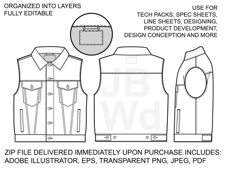Denim Vest Jacket Flat Technical Drawing Illustration Blank Mock-up ...