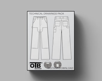 Double Knee Carpenter Pants Flat Technical Drawing Illustration Blank Workwear Streetwear Mock-up Template for Design and Tech Packs CAD