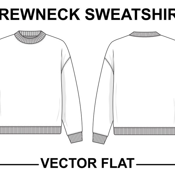 Crewneck sweatshirt flat technical drawing illustration mock-up template for design and tech packs men or unisex fashion CAD streetwear