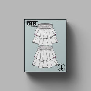 Falda con volantes y cintura elástica fruncida OTB, dibujo técnico plano vectorial, boceto clásico en blanco, maqueta, plantilla de diseño, paquete técnico CAD