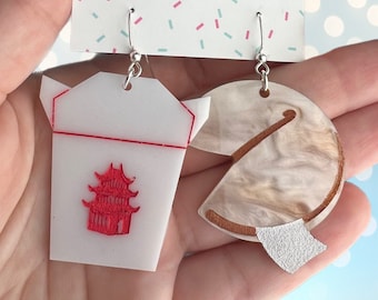 Take me out Chinese takeout box and fortune cookie acrylic earrings
