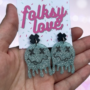 Blue glitter smiley melt acrylic earrings