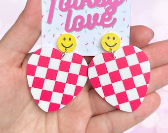 Checkered smiley heart acrylic earrings