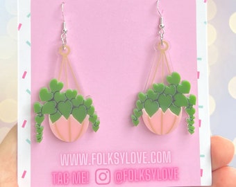 String of pearls potted plant acrylic earrings