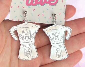 Mirrored Moka pot floral coffee acrylic earrings