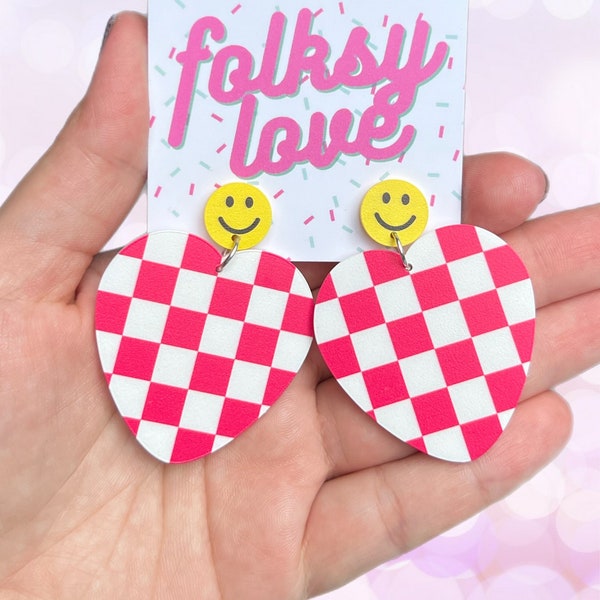 Checkered smiley heart acrylic earrings