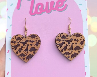 Wooden dinosaur pattern earrings
