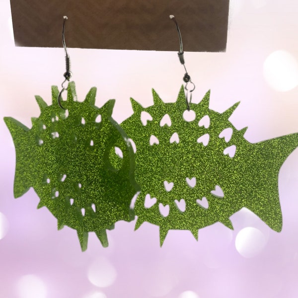 Pufferfish green glitter acrylic earrings