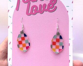 Boho rainbow transparent checkered teardrops acrylic earrings