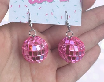 Pink mini disco ball charm earrings