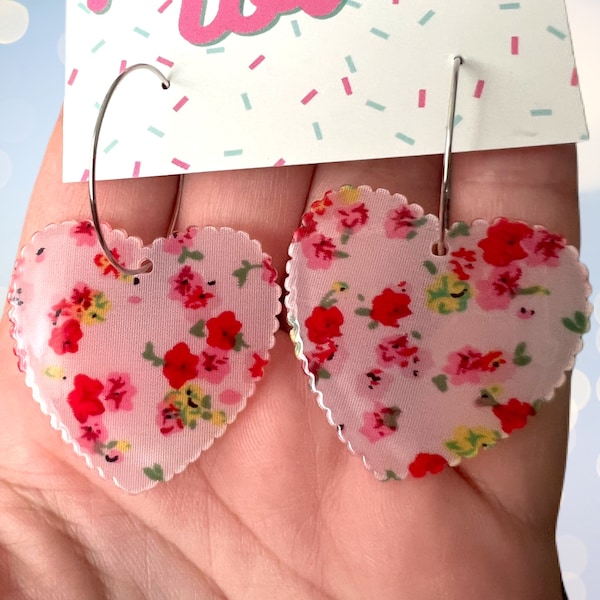 Doily rose pattern acrylic heart hoop earrings