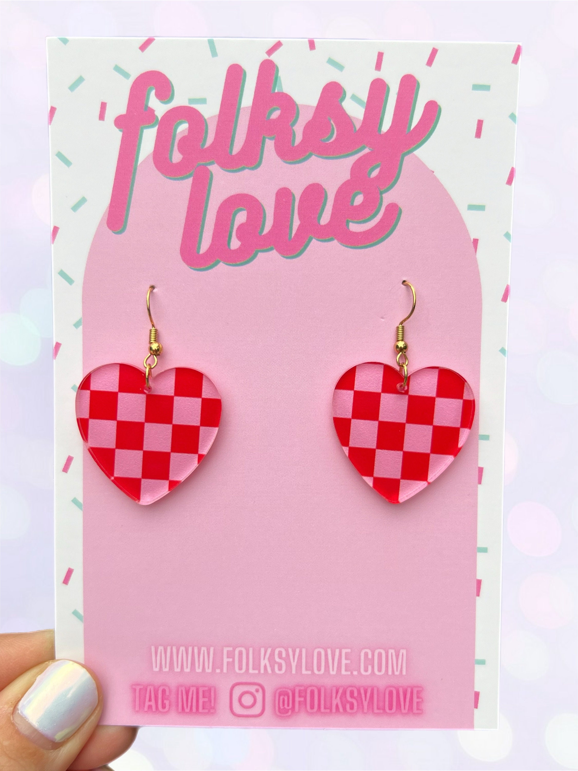 Red and pink checkered hearts acrylic earrings