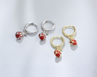 Lady Luck Bug Ear Huggies, 14kt Gold Vermeil, .925 Sterling Silver, Hypoallergenic, For Sensitive Skin, Ladybugs, Small Tiny Hoop Earrings