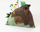 Handmade pin cushion chicken with log cabin quilt blocks, needle and pin holder gift for sewers and quilters, farmhouse country style decor