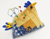 Handmade pin cushion chicken with log cabin quilt blocks, needle and pin holder gift for sewers and quilters, farmhouse country style decor