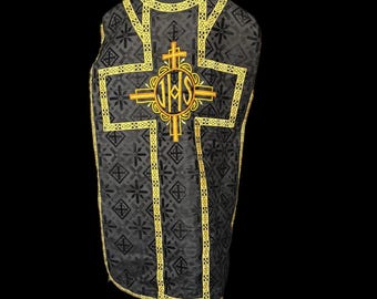 Vintage Catholic Chasuble Black IHS Embroidered Priest Vestment 39 Inch