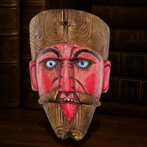 Vintage Guatemalan Conquistador Mask with Glass Eyes • Folk Dance Festival Art (9”)