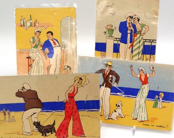 Set of 5 1920's/30's Funny French Postcards Illustrated