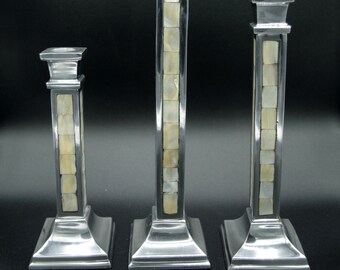 Set of 3 Towle Silversmiths Mother of Pearl Candlestick Holders, Silver Plated Mother of Pearl Candlesticks