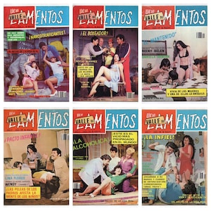 May include: A set of vintage magazine covers titled "Valle de Lamentos". Each cover displays illustrations of people in dramatic scenes, with text in Spanish. The covers have a retro aesthetic, with a distinctive colour scheme.