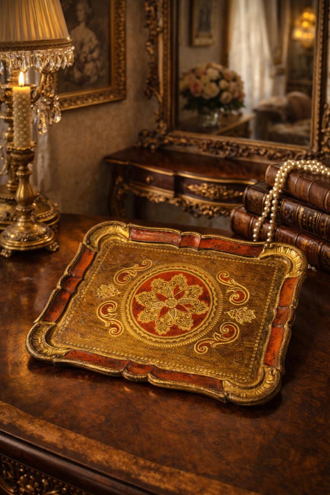 Vintage Italian Florentine Gilt Tray Red Gold Hand Painted Vanity Decor ...