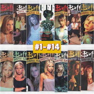 Puede incluir: Una colección de catorce portadas de cómics de "Buffy the Vampire Slayer". Las portadas presentan imágenes del personaje principal, con el título de la serie en una fuente estilizada. Las portadas están dispuestas en una cuadrícula, con el texto "#1-#14" en un cuadro amarillo.
