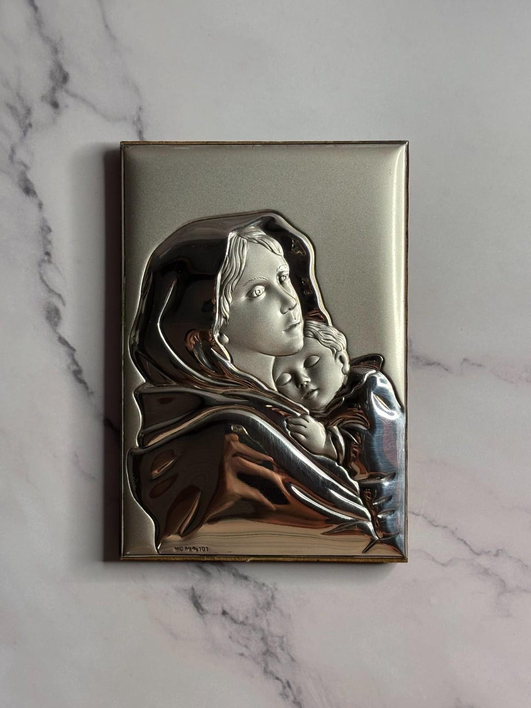 Vintage Italian Madonna Child Silver Overlay Plaque Wood Religious Icon ...