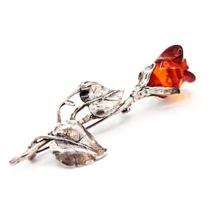 925 Sterling Silver Baltic Amber Brooch Pin Rose Flower