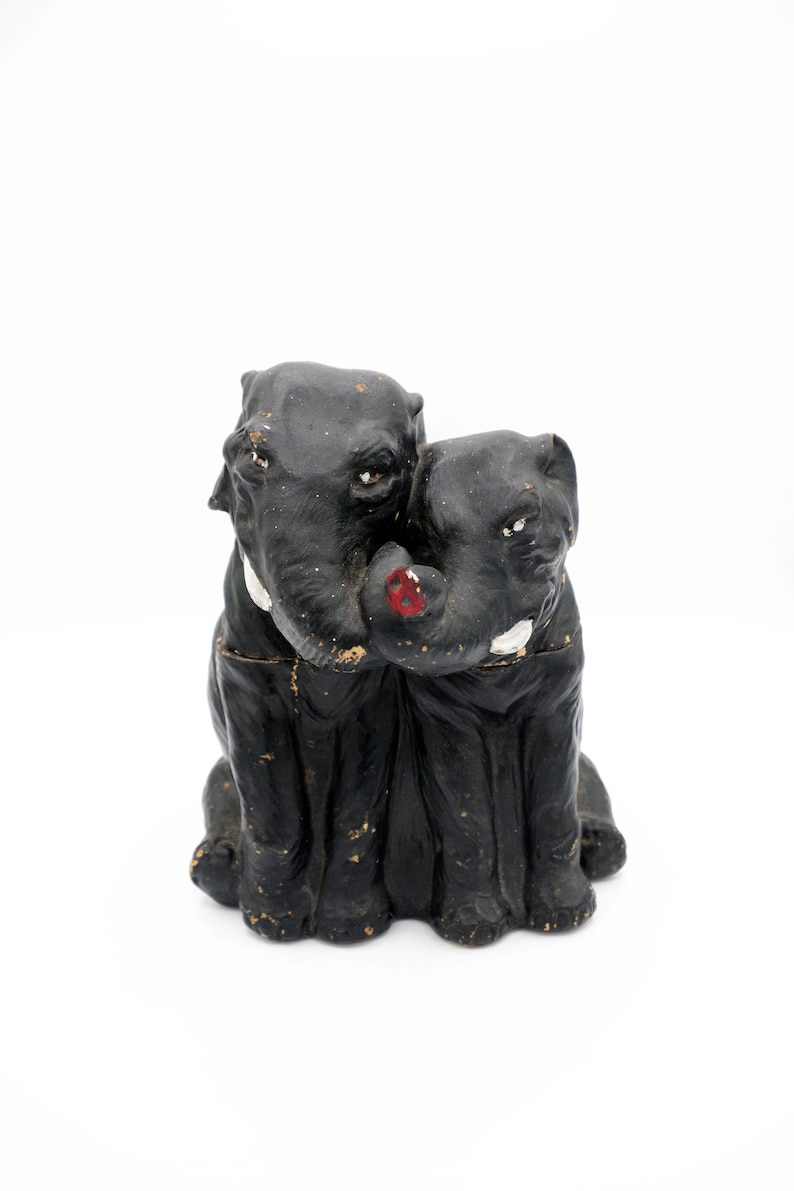 Vintage Cookie Jar of 2 Black Elephants Embracing Each Other Chalkware Sculpture Jar image 2