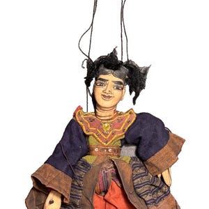 Vintage Burmese Marionette Wooden Hand Carved Puppet Complete Untangled 14&quot;
