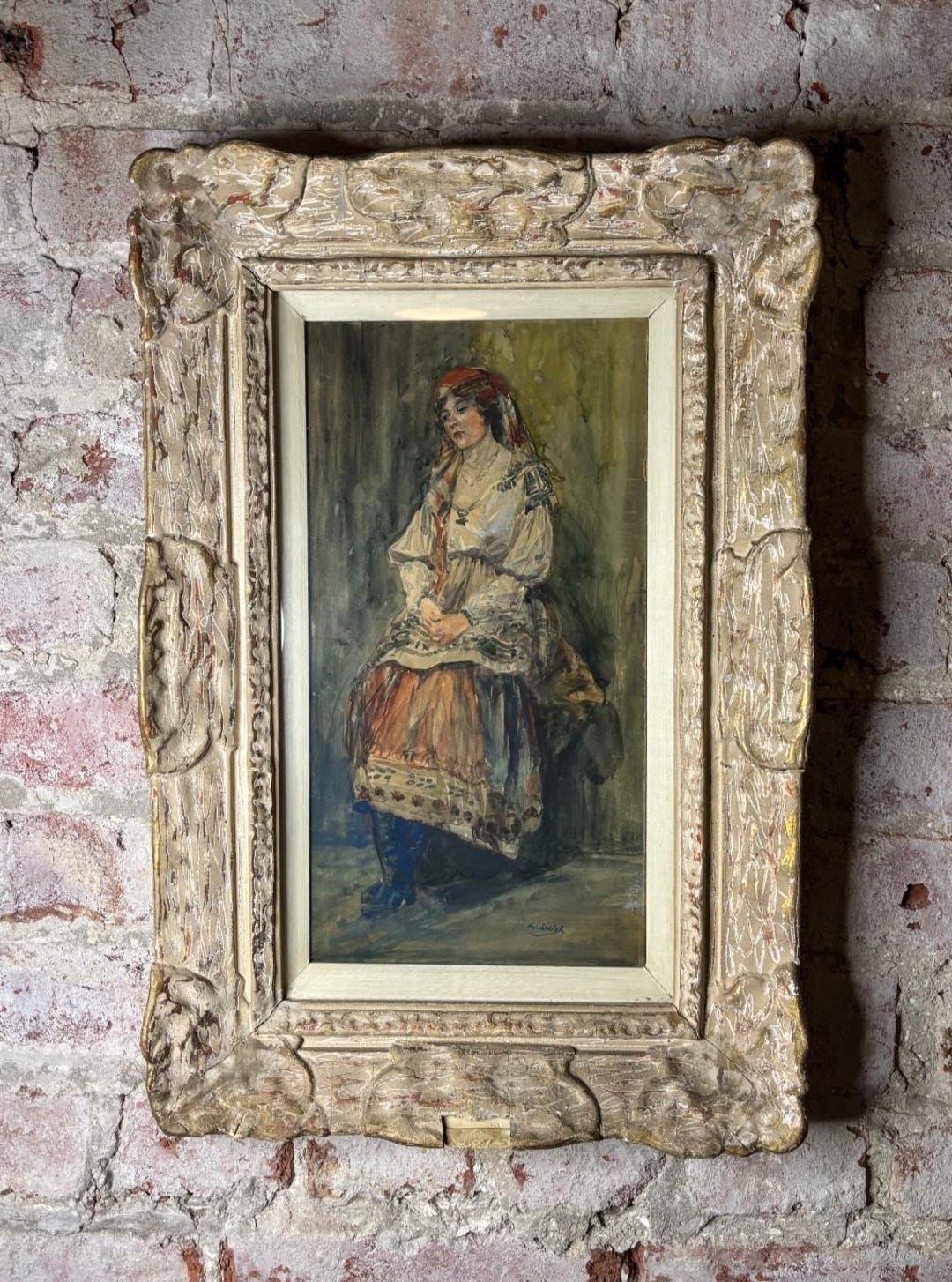 Antique Folk Portrait Watercolor Painting Signed Original Frame 20x13 ...