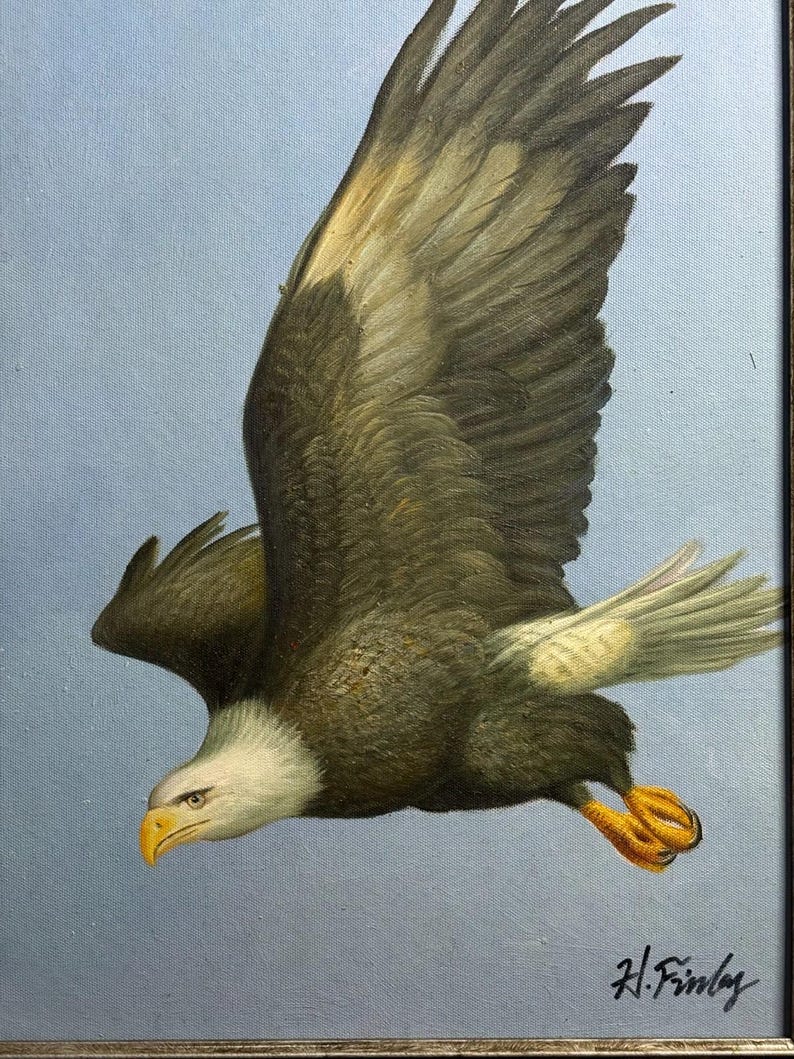 Vintage Bald Eagle Oil Painting Signed Finley Framed Wildlife Wall Art ...