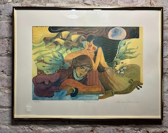 Serigrafía firmada de Andre L'Archeveque Pelerin, enmarcada, de arte figurativo canadiense, 24" x 18".