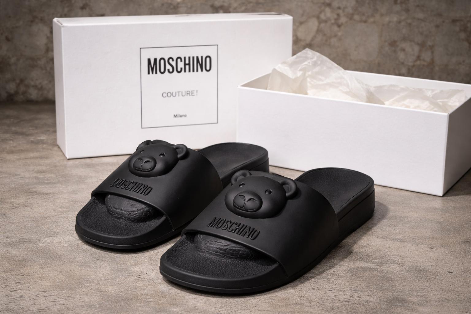 Moschino Teddy Bear Slides Black Designer Sandals Women EU 35 With