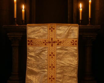 Vintage Liturgical Altar Frontal with Embroidered Cross, Metallic Brocade Church Textile