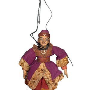 Vintage Burmese Marionette Wooden Hand Carved Puppet Complete Untangled 14&quot;
