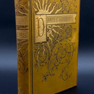 1884 Dante G. Rossetti, poèmes, livre de poèmes antiques à couverture rigide et bords dorés en relief