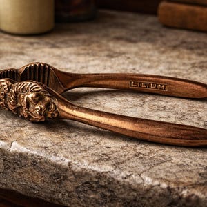 Puede incluir: Cascanueces de color bronce con diseño de cabeza de león. La palabra "LILIUM" está grabada en uno de los mangos. El cascanueces está sobre una superficie texturizada similar a la piedra.