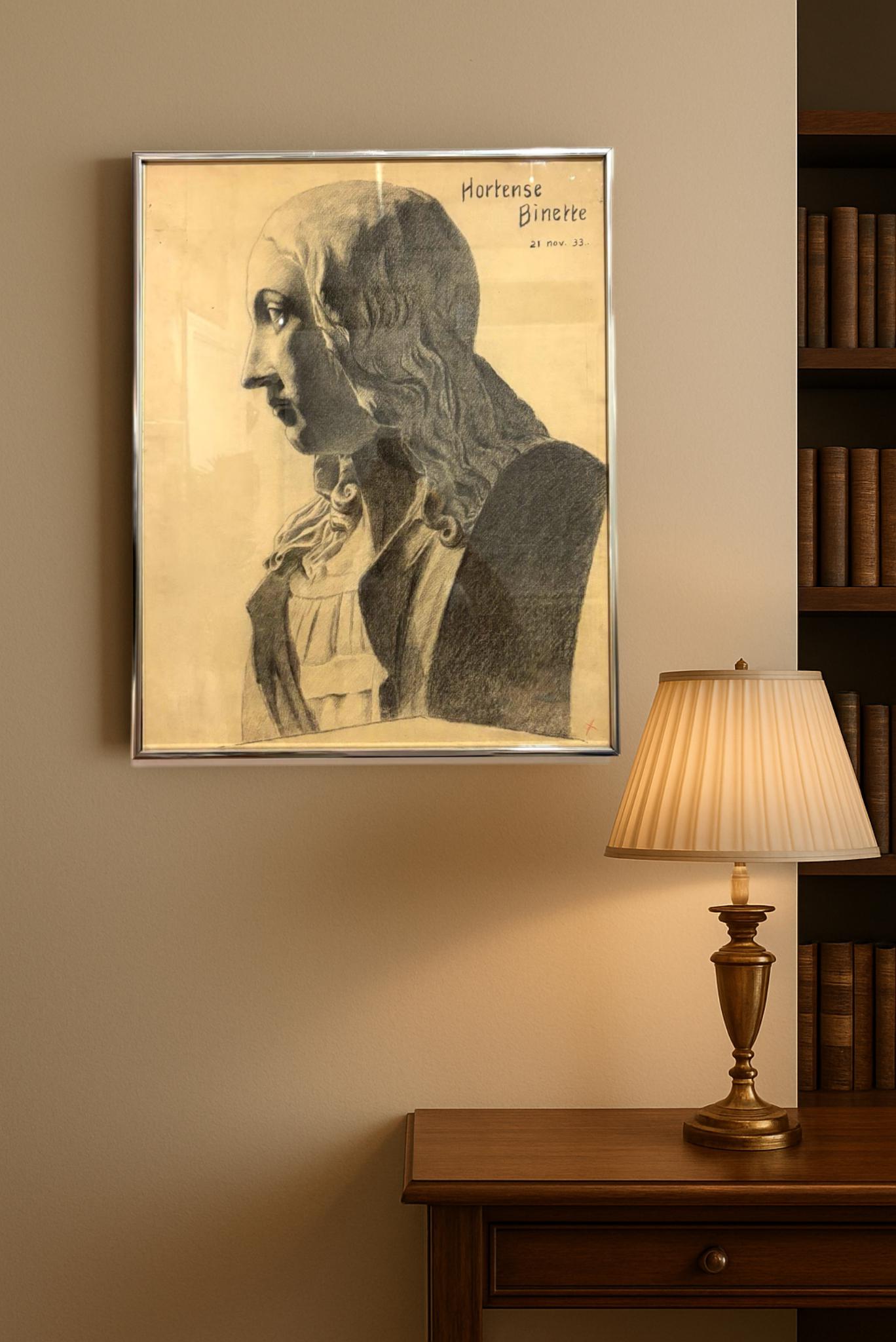 オルタンス・ビネット 1933年 署名入り木炭画 女性の肖像画、カナダ