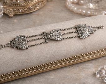 Pulsera floral Art Nouveau de plata esterlina antigua de 8 pulgadas