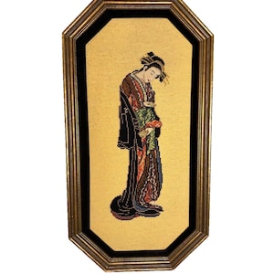 Large 1960s MCM Geisha Girl Needlepoint Crewel Art Japanese Asian Wall Decor Framed Embroidery