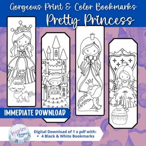 Pretty Princess - Lindos marcapáginas imprimibles para colorear - Diseños únicos para niñas que aman la lectura - Tamaño A4 y carta EE. UU.