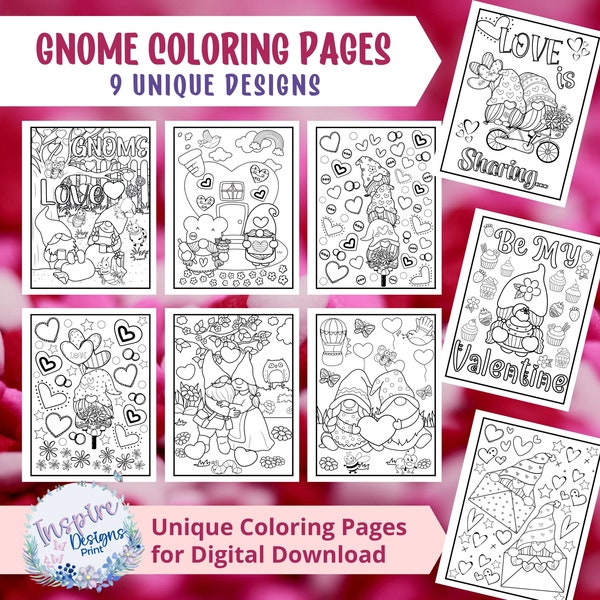 9 GNOME Valentine's Day Love Coloring Pages - Cute printable original activity pages for adults & children - Great for school holidays!