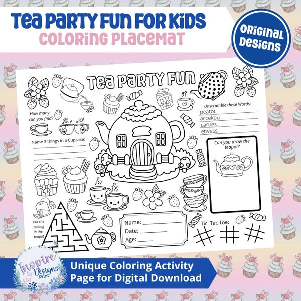 Tea Party Fun - Printable Coloring Placement for Kids - Activity Table Mat for Kids, Birthday Party Craft Sheet