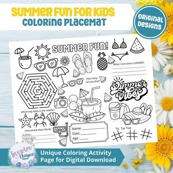 SUMMER Fun - Printable Coloring Placemat for Kids - Season Activity Table Mat Craft Sheet for Birthday, Parties, Vacations & Holidays