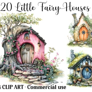 Małe domki wróżek akwarelowe sceny clipart, fantasy bajkowe cyfrowe rzemiosło, natychmiastowe pobieranie tła pakiet, komercyjne użycie JPG