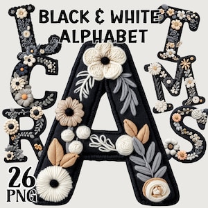 May include: Black and white alphabet letters with floral embroidery. The letters are decorated with cream, tan, and gray flowers and leaves. The image includes the text "BLACK & WHITE ALPHABET" and "26 PNG".